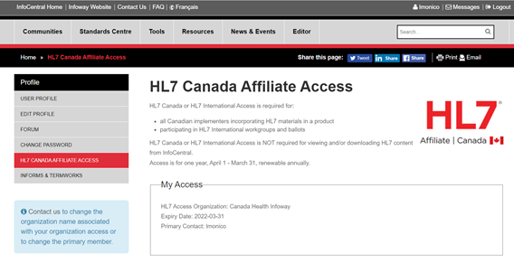 screenshot of HL7 Canada Affiliate Access page on InfoCentral