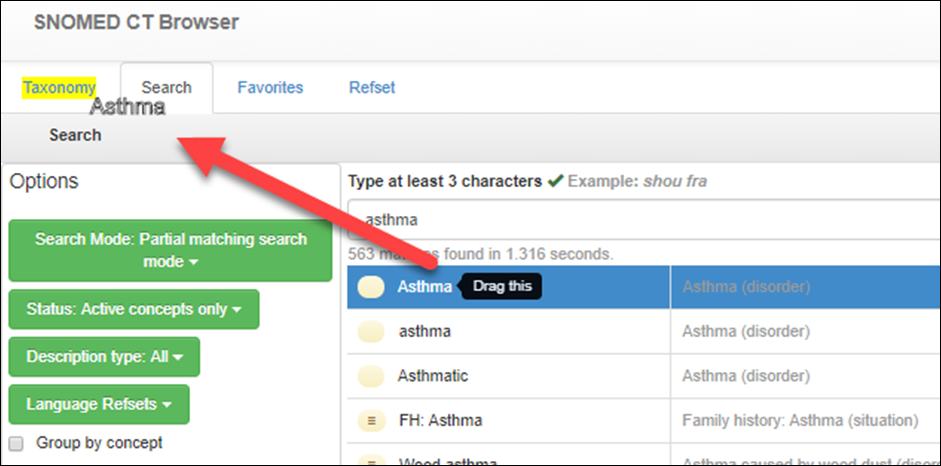 Drag the term from the search results section to the taxonomy section