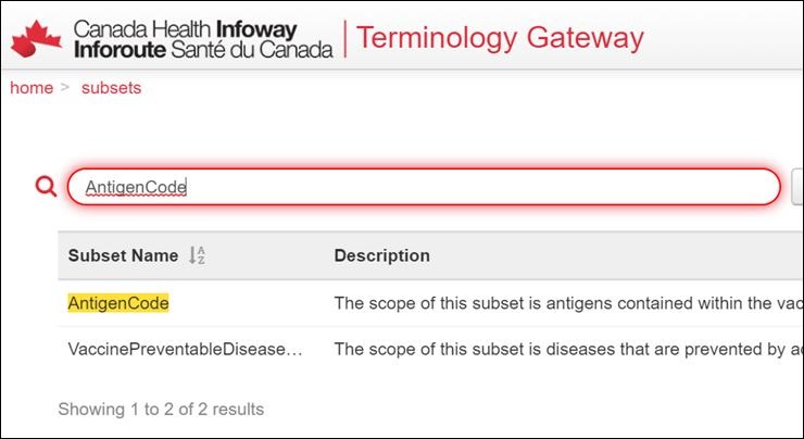 The Canadian Antigen codes reference set can be searched on the Terminology Gateway as AntigenCode and vice versa.